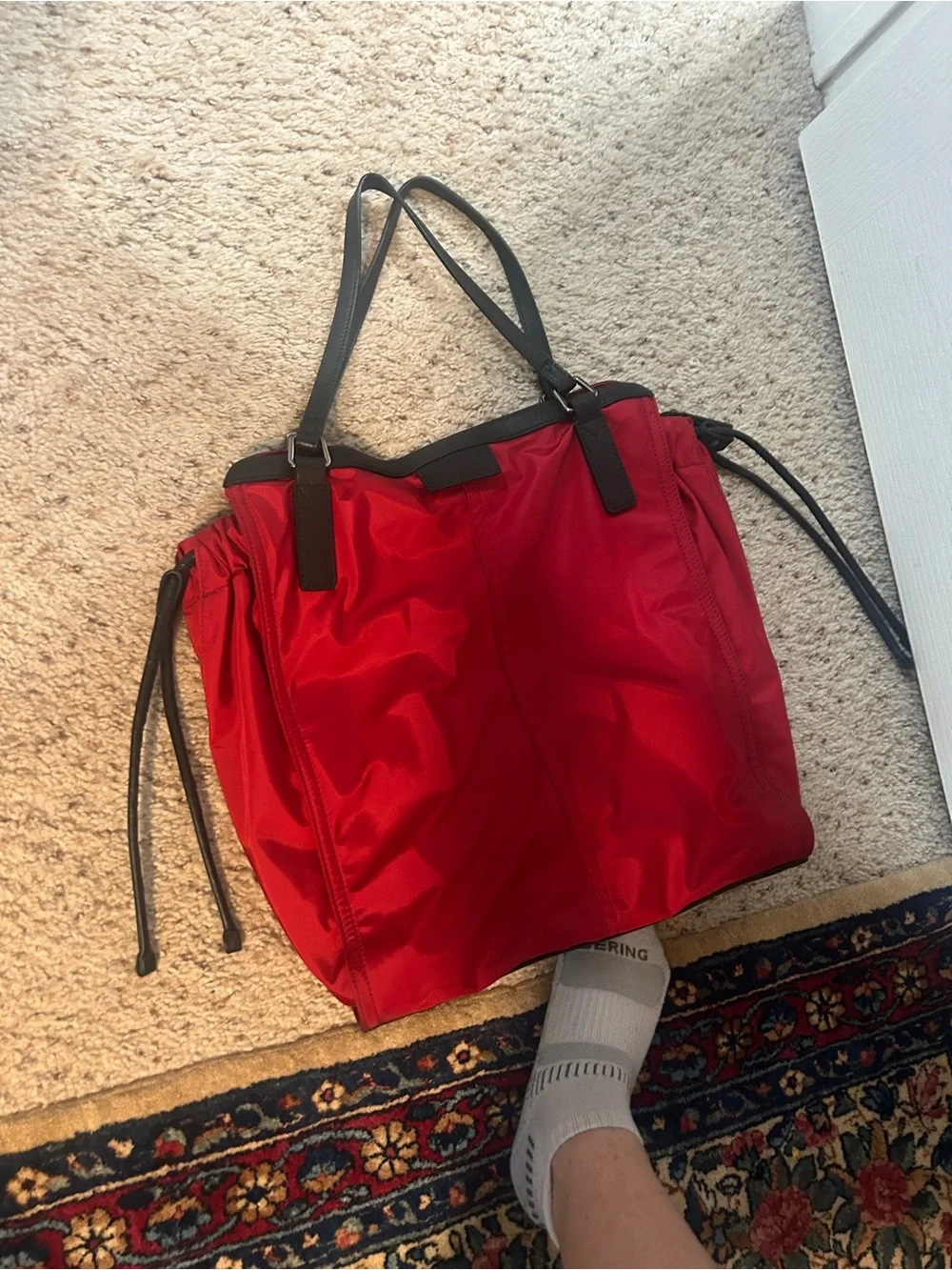 Red Burberry Buckleigh Nylon Tote Bag with Black Leather Trim